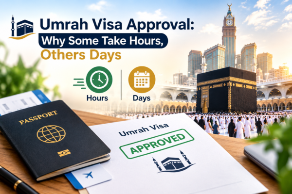 Umrah Visa Approval: Why Some Take Hours, Others Days, generate attractive featured image for this title.